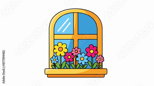 Bright cartoon window with colorful flowers in a garden setting