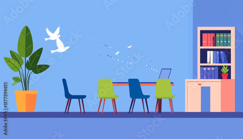 An office space with a plant, desk, chairs, bookshelf, and birds flying outside