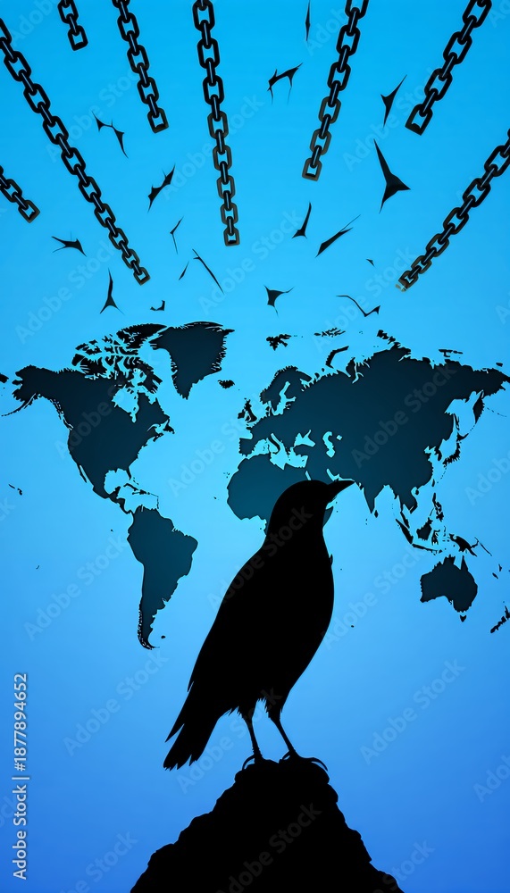 Obraz premium Raven Silhouette Against World Map and Broken Chains on Blue Background