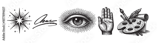 Engraved artistic symbols, including a star, eye, hand, and palette, rendered in black and white, evoke creativity and inspiration for designs.