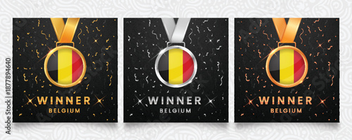 Winner templates for Belgium. Medals featuring the Belgian flag design, dark background with gold and silver confetti, and sparkling highlights. Vector illustration.