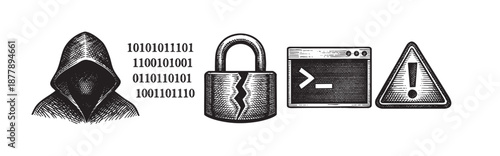 This graphic features a hooded hacker figure alongside binary code, a broken padlock, a terminal window, and a warning sign to showcase data security issues.