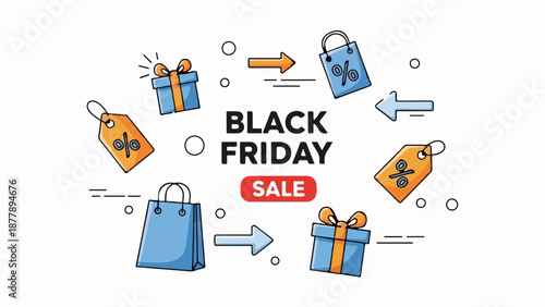 Black Friday sale with gift boxes, shopping bags, and discount tags