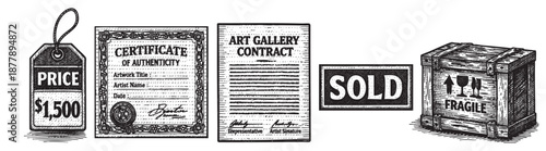 Hand drawn illustration of an art sale, including a price tag, certificate of authenticity, gallery contract, sold sign, and shipping crate.