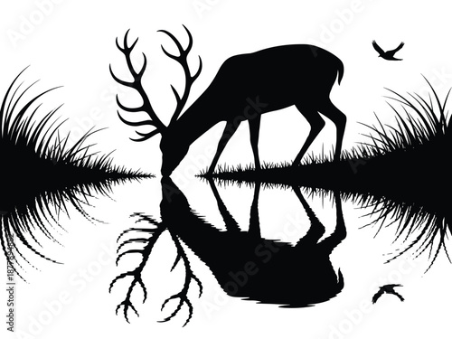 Majestic stag drinking water reflection silhouette illustration in serene natural landscape black and white wildlife scene with flying birds elegant nature art for conservation documentary graphic des