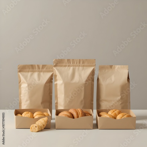Minimalist Mockup of Fresh Croissants in Kraft Paper Boxes and Bags for Branding
‎