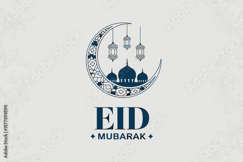 Elegant Eid Mubarak Celebration Design with Crescent Moon and Islamic Architecture Illustration for Festive Greetings and Cultural Events Religious Holiday Graphic Template for Social Media Marketing