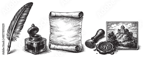 Engraved illustration showing a feather quill pen, inkwell, blank parchment scroll, wax seal, and castle image, creating a vintage, historical, or fantasy-themed design element.