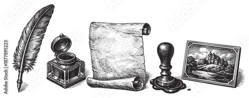 Detailed vintage style engraving shows feather quill, inkwell, parchment scroll, seal stamp, and landscape print, evoking a sense of history, writing, and artistry.