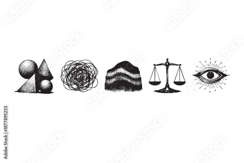 A line art illustration displaying various symbols, including geometric shapes, a chaotic swirl, a mountain, scales, and an all-seeing eye.