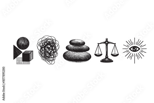 Row of black and white icons depict diverse concepts including geometric shapes, chaos, zen stones, justice scales, and an eye; suitable for web design, branding, and editorial illustration.
