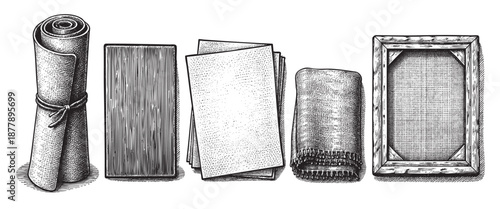 Hand drawn illustration featuring stationery objects like a scroll, book, paper, blanket, and frame in a detailed, old-fashioned style.