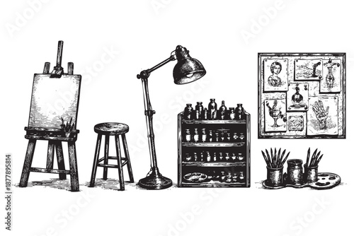 Artistic black and white sketch of an artist's studio, featuring an easel, lamp, paint rack, and inspiration board, conveying creativity and artistic processes.