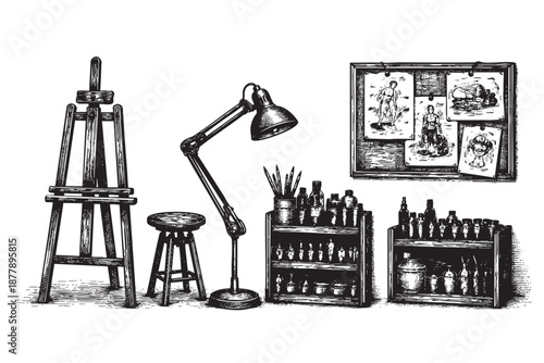 Detailed black and white line drawing shows an artist's studio with easel, stool, lamp, sketches on a pinboard, shelves with bottles, pencils, and paint, conveying a creative and artistic ambiance.