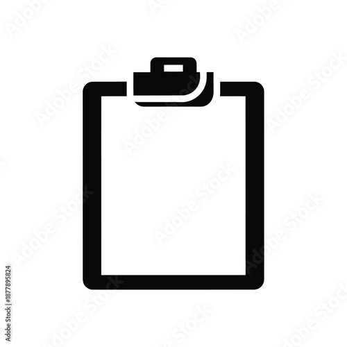 Black and white clipboard icon with clip on top for notes and documents