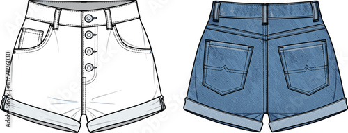 High waist denim shorts front and back view CAD drawing flat vector illustration with buttons, pockets, fashion technical sketch for apparel design, manufacturing, and pattern development