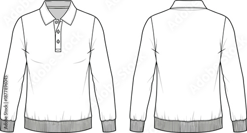 Long sleeve polo shirt CAD drawing, flat vector illustration showing front and back views, technical fashion line art for apparel design, manufacturing template use