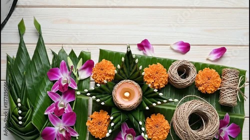 Traditional Thai Krathong Arrangement Featuring Orchid Marigold and Candle on Banana Leaves with White Wood Background and Delicate Petal Scatter