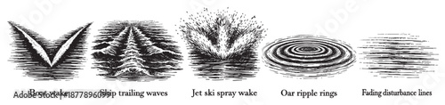 Five black and white illustrations of different watercraft wakes and disturbances including boat, ship, jet ski, oar and fading lines. Use for design elements.