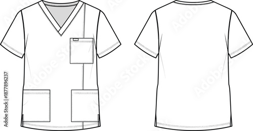 Medical scrub top CAD drawing, flat vector illustration showing front and back views, technical fashion line art for healthcare uniform design and apparel manufacturing