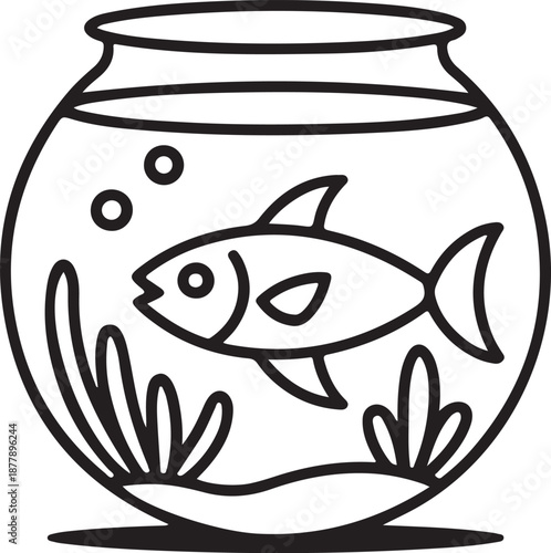 Simple line art drawing of a fish swimming in a round glass fishbowl