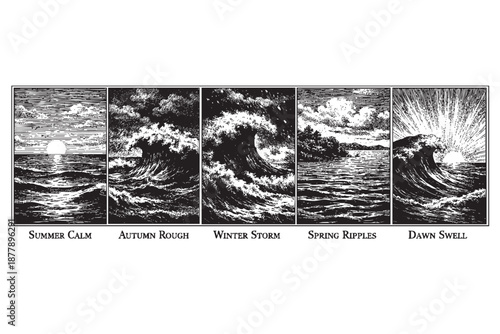 Black and white illustrated seascape shows the ocean through summer, autumn, winter, spring, and dawn, depicting the change of weather and time in a dramatic and artistic way.