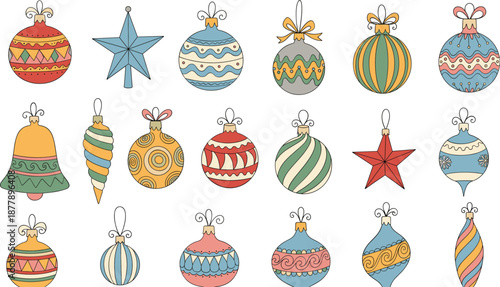 Cute Christmas ornament decoration set with colorful baubles stars bells and festive hanging elements in flat vector illustration