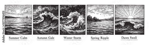 Black and white illustration depicting the four seasons through various ocean scenes, from calm summer seas to stormy winter waves.