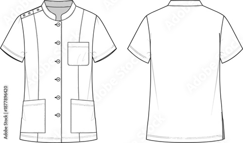 Medical scrub top CAD drawing, flat vector illustration, technical fashion sketch, front and back view, short sleeve uniform shirt, healthcare apparel design template