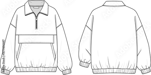 Pullover jacket CAD drawing, flat vector illustration, technical fashion sketch, front and back view, half zip collar anorak, apparel design template