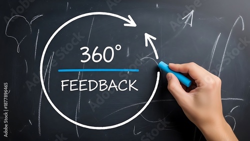 Business professional drawing a circular diagram illustrating the essential concept of comprehensive 360 degree feedback on a dark classroom chalkboard surface.