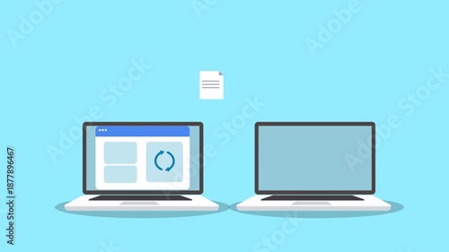 Two laptops showing data transfer and confirmation on blue background.