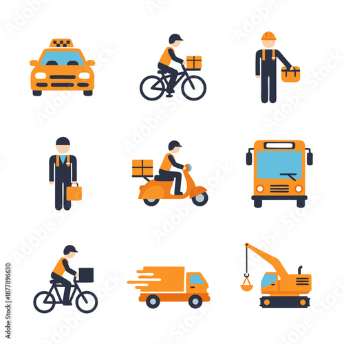 Modes of transport and delivery personnel icons set for website design, infographics, presentations, and educational materials on transportation and logistics.