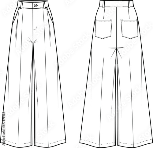 Wide leg pants CAD drawing flat vector illustration showing front and back views, fashion technical sketch for apparel design, garment construction, tailoring 