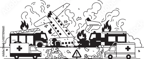 Black and White Line Art Depicting an Aviation Disaster Scene with Fire Trucks and Ambulances