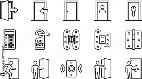 Thin Line Door and Entrance Icon Set Featuring Exit Signs Key Entry Hardware Hinges Do Not Disturb Hanger Security Keypad and Accessibility Symbols for Interior Design