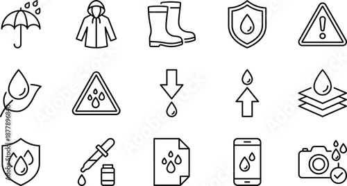 Black Line Waterproof and Rain Protection Icon Set Featuring Umbrella Raincoat Boots Water Repellent Shield Moisture Resistant Fabric Camera and Mobile Phone Weatherproofing Symbols