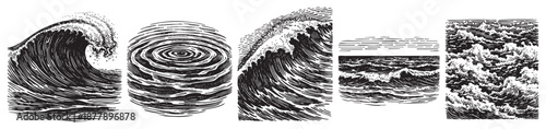This artwork showcases stylized ocean wave illustrations in engraved black and white, each with a unique shape and texture, evoking vintage nautical charts.