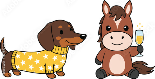 Cute dog and horse character illustration with cozy sweater and festive drink in playful flat vector style