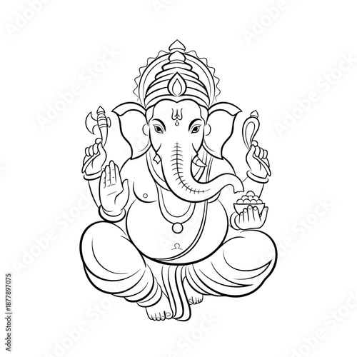 Line drawing of hindu god ganesha sitting, suitable for designs related to religion, spirituality, yoga, meditation, and cultural themes.