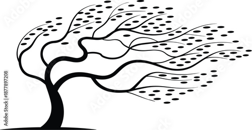 Minimalist black tree silhouette blowing in the wind illustration vector graphic design element for natural disaster awareness environmental protection climate change campaign nature conservation crea