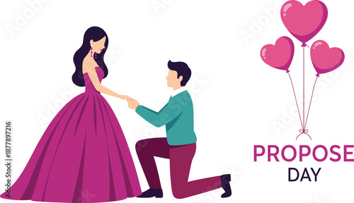 Romantic marriage proposal illustration with man kneeling and woman in elegant dress, Propose Day love themed flat vector design