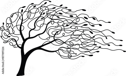 Stylized black tree vector illustration in wind blowing with curved branches and leaves design element for nature conservation environment awareness art graphic design projects and creative advertisin