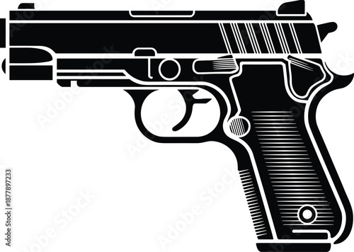 Detailed black handgun pistol illustration graphic weapon firearm design vector outline drawing handgun isolated firearm silhouette for security personal protection crime law enforcement military defe