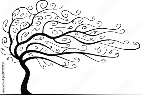 Stylized swirl tree illustration design with flowing branches in minimalist black and white graphic art style for nature inspired designs environmental conservation projects elegant decorative element