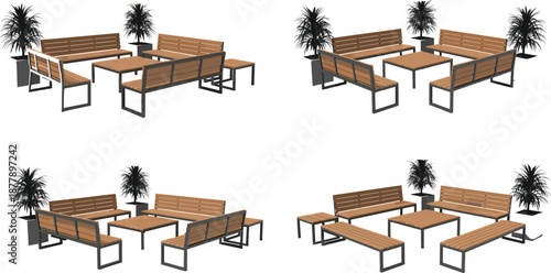 Outdoor wooden bench seating arrangements with tables and planters, modern public park furniture layout vector illustration