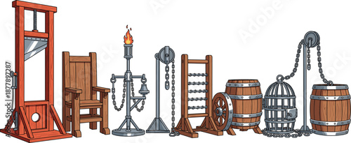 Medieval torture and dungeon equipment set with guillotine, chair, chains, barrels, cages, and punishment tools vector illustration
