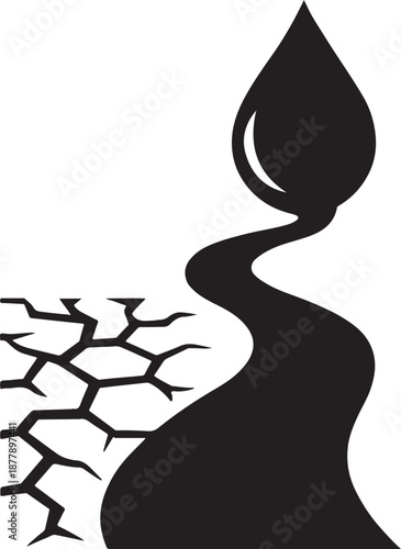 "Dry land transforming into river, climate change concept, flat black vector"