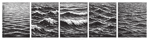 This graphic illustration displays ocean wave changes in a retro woodcut style, showcasing dynamic water patterns in a black and white composition.