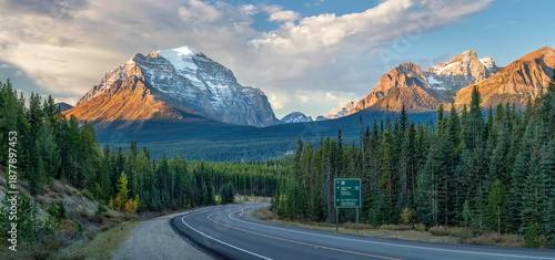 Scenic autumn drive on the Icefields Parkway headed towards Lake Louise - Banff National Park - Golden Larch Trees